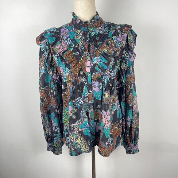 Love the Label Floral Print Metallic Long Sleeve Mock Neck Button Blouse Small - Picture 1 of 10